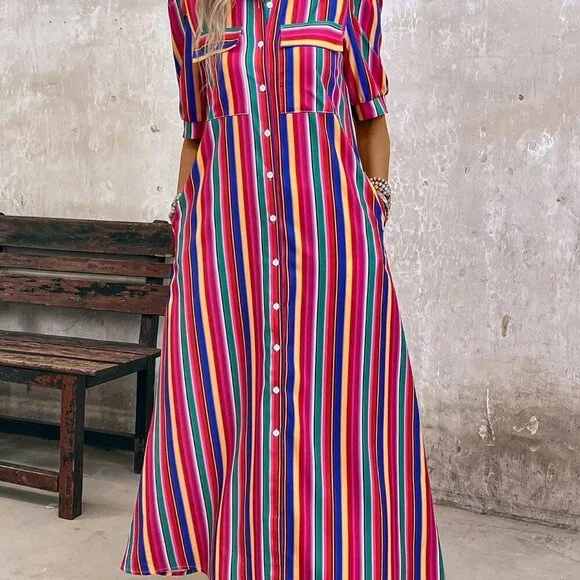 Multicolor Casual Women's Vacation Colorful Striped Front Buttoned Maxi Dress - Picture 5 of 7